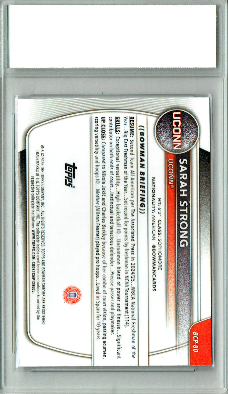 Sarah Strong Rookie Card 2025 Bowman Chrome #BCP-80 Reptilian Refractor, PGI 10, Uconn 0