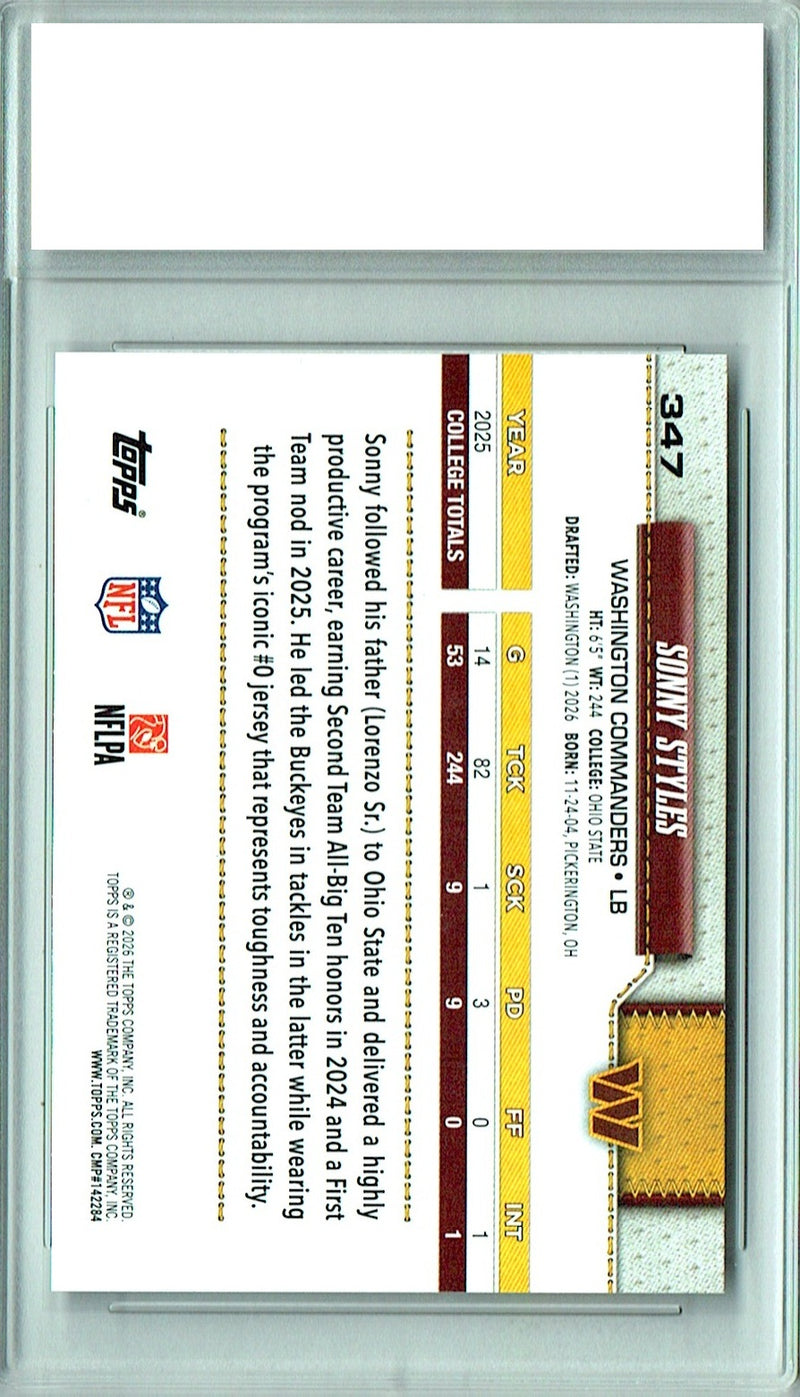 Sonny Styles Rookie Card 2026 Topps #347 Flagship, Certified Mint+ Condition, Washington Commanders Football