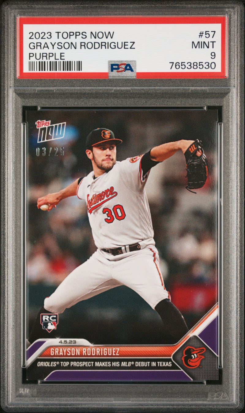 Grayson Rodriguez PSA 9 2023 Topps Now #57 Rookie Card Purple #3/25 Orioles