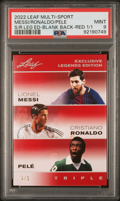 PSA 9 Lionel Messi/Pele/Cristiano Ronaldo 2022 Leaf Red Blank Back 1/1 Triple