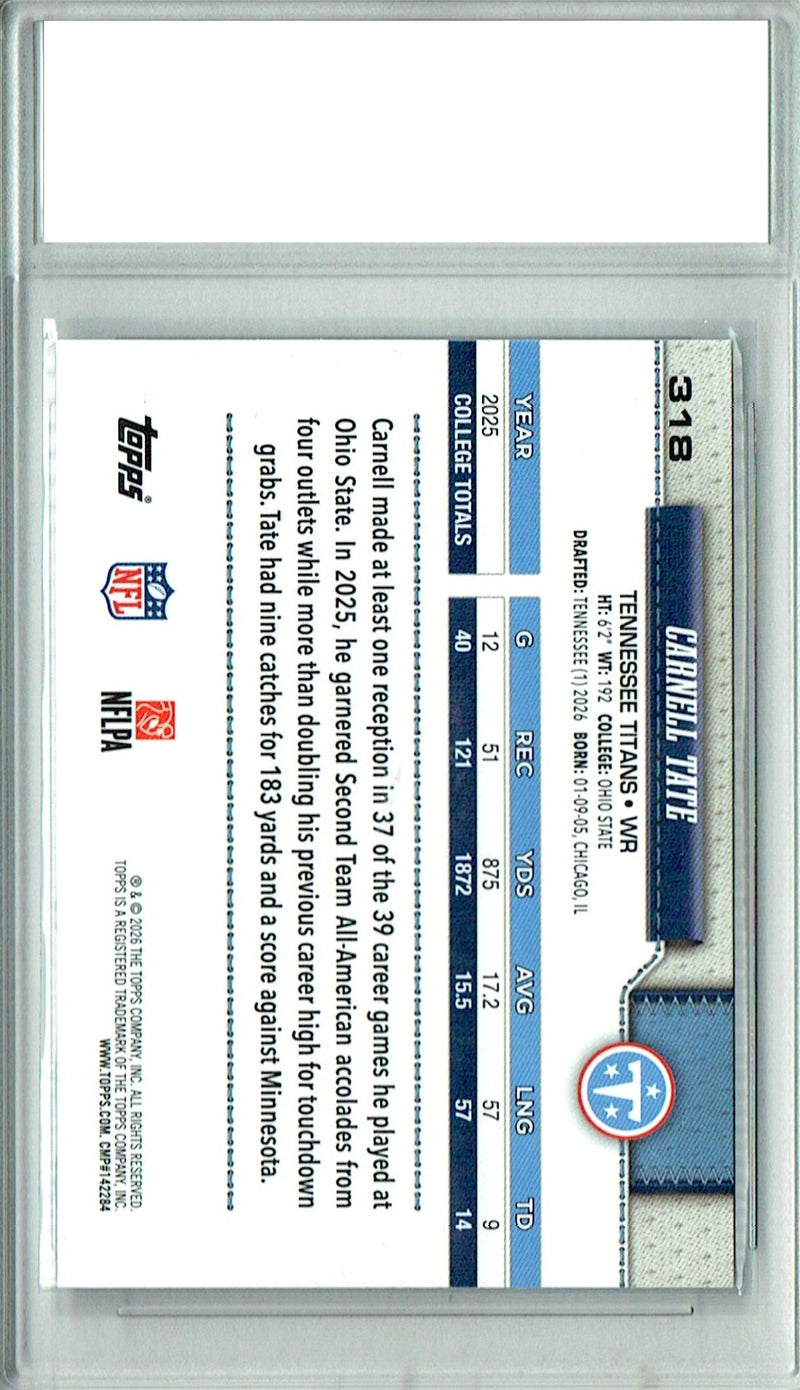 Carnell Tate Rookie Card 2026 Topps #318 Flagship, Certified Mint+ Condition, Tennessee Titans Football