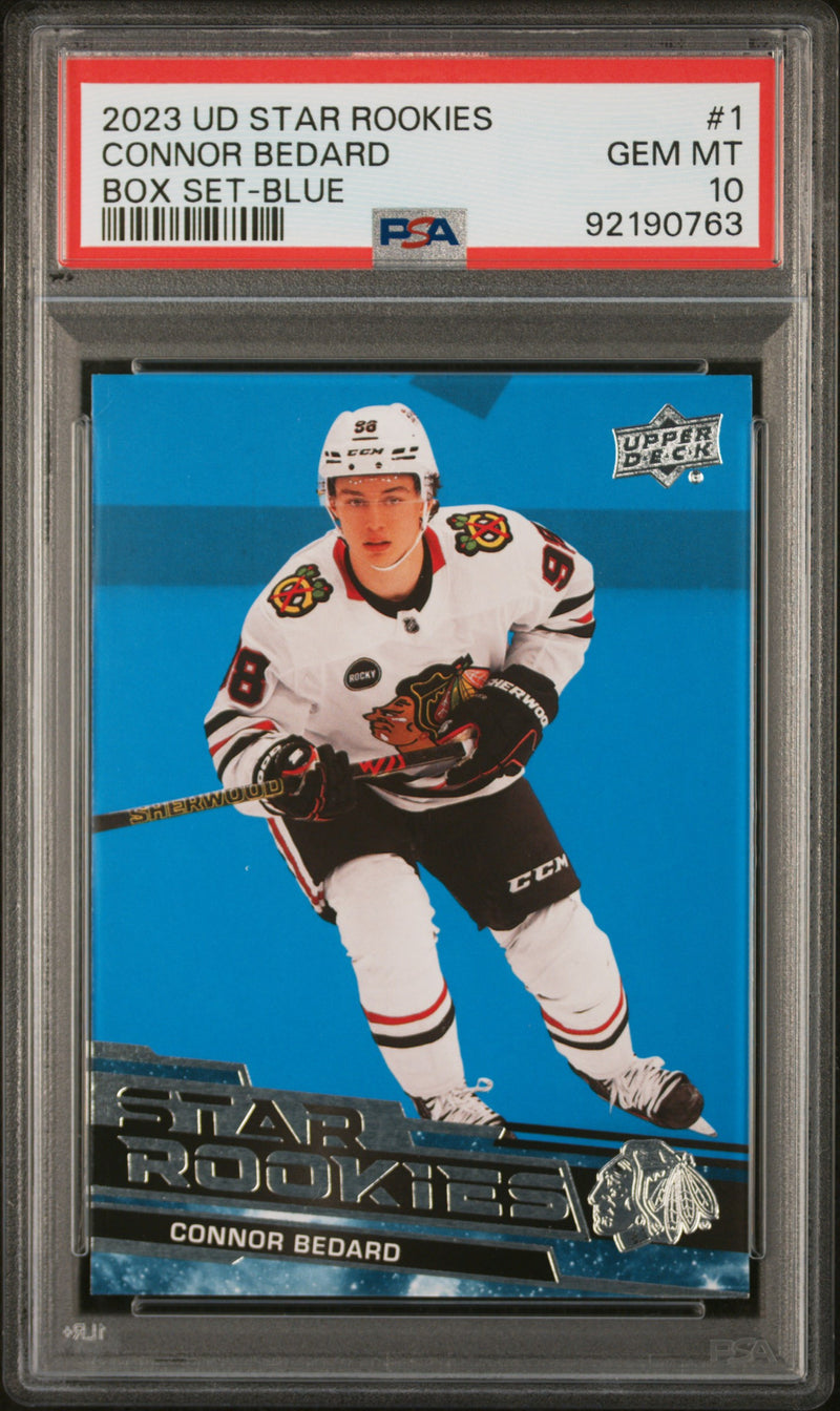 PSA 10 Connor Bedard 2023 Upper Deck #1 Star Rookies Blue SP Rookie Card Chicago Blackhawks