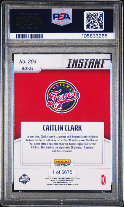 PSA 10 Caitlin Clark 2024 Panini Instant #204 Works Overtime Rookie Card