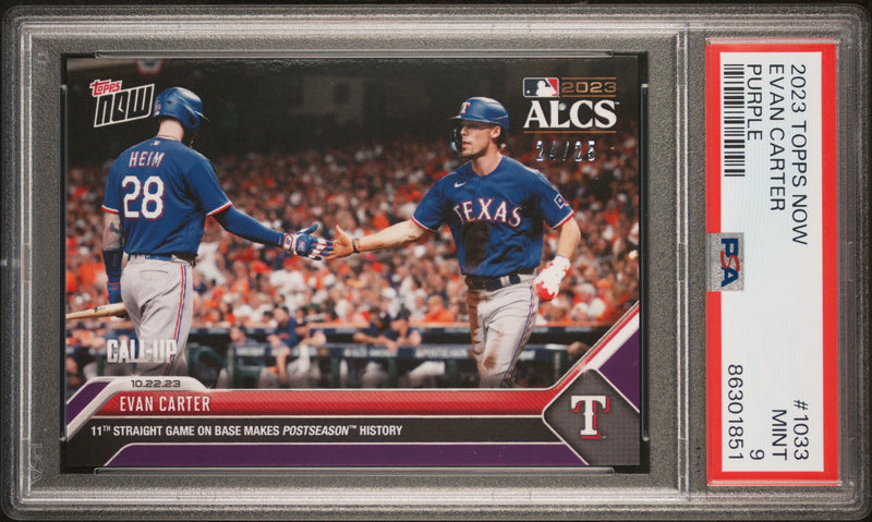 PSA 9 Evan Carter 2023 Topps Now #1037 Purple SP #24/25 Rookie Card Texas Rangers