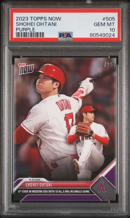 PSA 10 Shohei Ohtani 2023 Topps Now #505 Purple 10/25 10ks, 2 HRs Trading Card