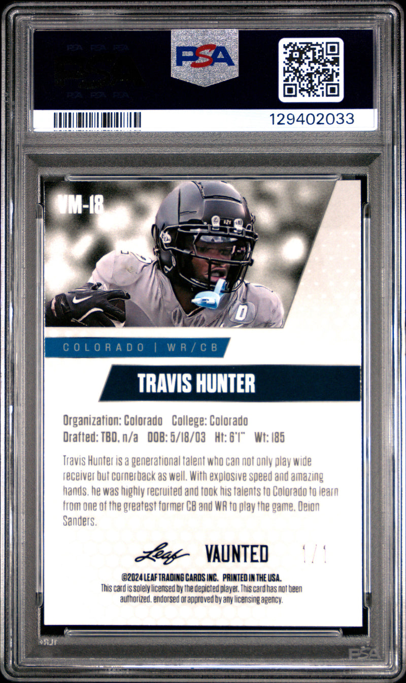 PSA 10 Travis Hunter 2024 Leaf Vaunted Metal #VM-18 Black Superprismatic 1/1 Rookie Card Jacksonville Jaguars QB
