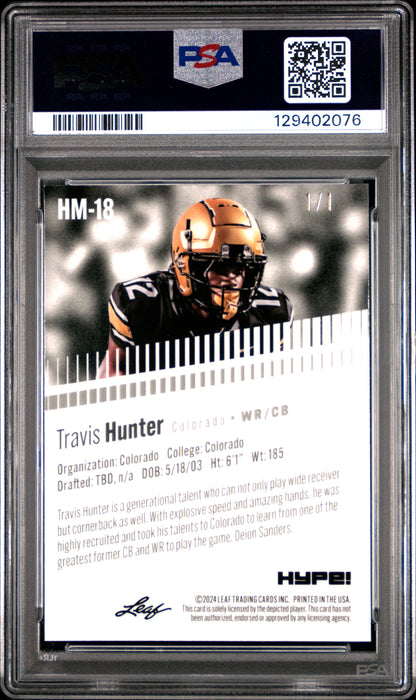 PSA 9 Travis Hunter 2024 Leaf HYPE! Metal #HM-18 Black Superprismatic 1/1 Rookie Card