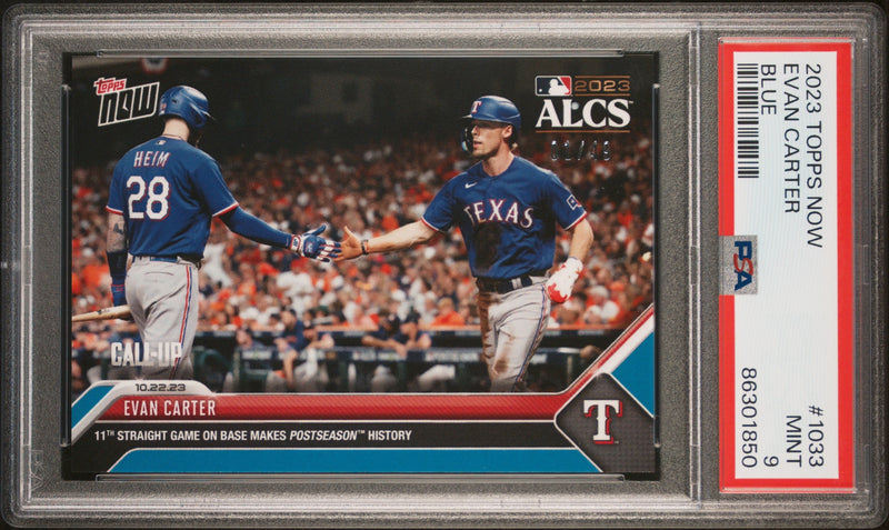 PSA 9 Evan Carter 2023 Topps Now #1037 Blue SP The #1 of 49 Rookie Card Texas Rangers