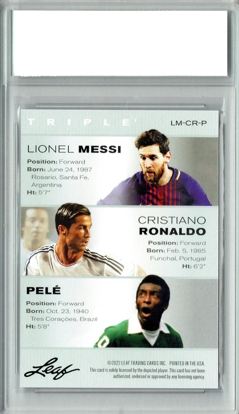 Messi/Ronaldo/Pele Triple Rookie Card 2022 Leaf #LM-CR-P PRISTINE, PGI 10, Argentina Soccer