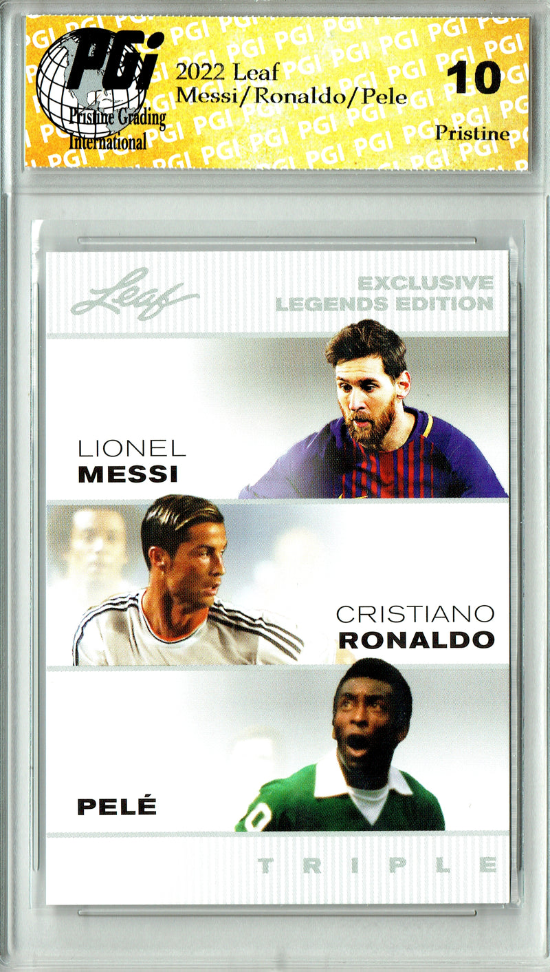Messi/Ronaldo/Pele Triple Rookie Card 2022 Leaf #LM-CR-P PRISTINE, PGI 10, Argentina Soccer