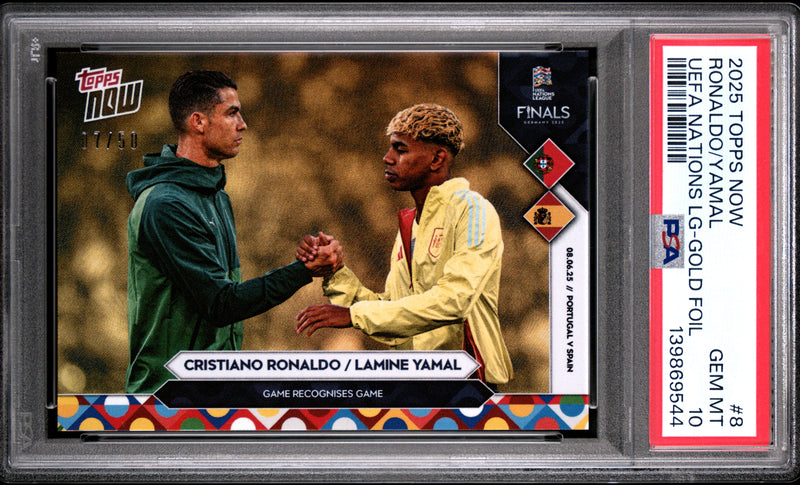 PSA 10 Cristiano Ronaldo, Lamine Yamal 2025 Topps Now #8 Gold Foil CR7 Jersey #7/50 Rare Trading Card Portugal