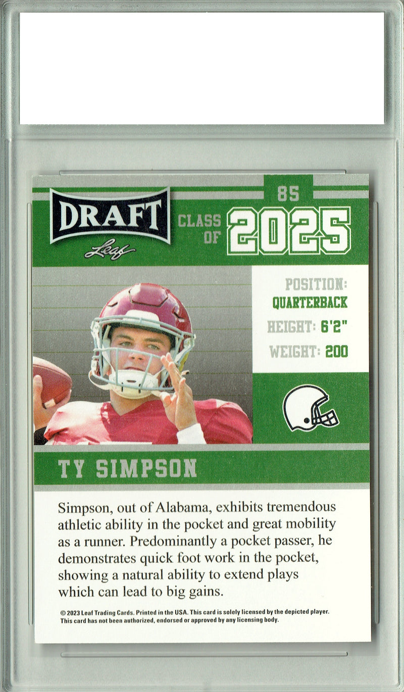 Ty Simpson Rookie Card PGI 10 Gem Mint Football Trading Card 2023 Leaf Football #85 Gold SP Class of 2025