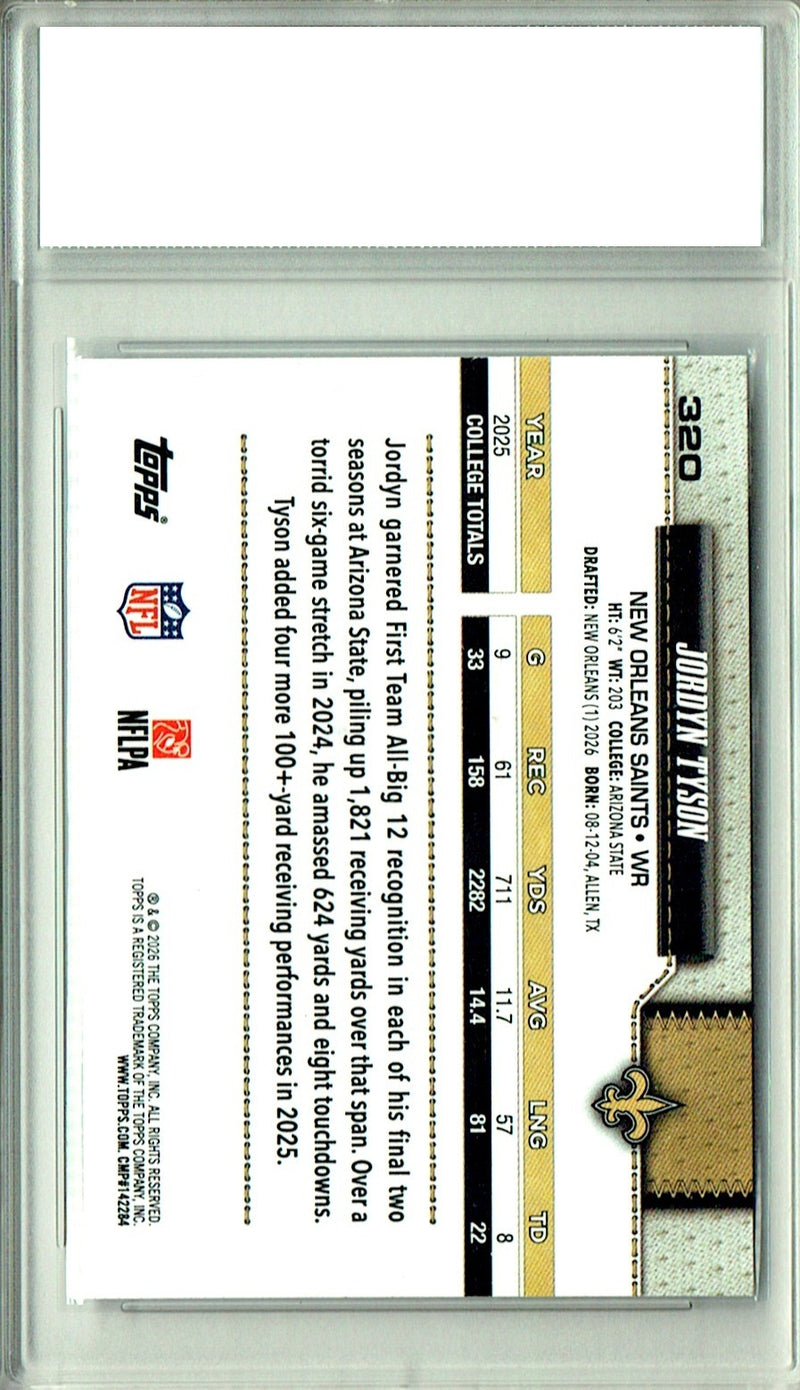 Jordyn Tyson Rookie Card 2026 Topps #320 Flagship, Certified Mint+ Condition, New Orleans Saints Football
