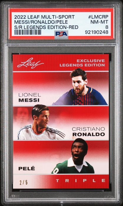 PSA 8 Lionel Messi/Pele/Cristiano Ronaldo 2022 Leaf Triple Red SP #2/5 Card
