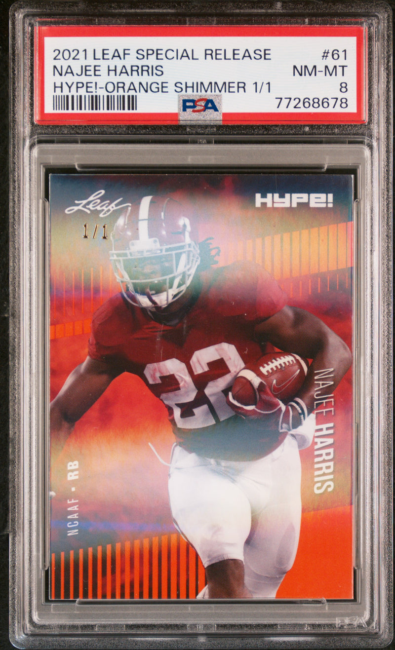 Najee Harris Rookie Card Pittsburgh PSA NM-MT 8 (Near Mint-Mint) Football Trading Card 2021 Leaf HYPE! #61 Orange Shimmer 1/1