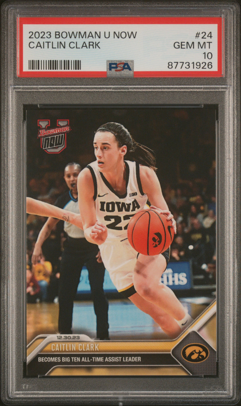 PSA 10 Caitlin Clark 2023 Bowman University Now #24 All-Time Assists Rookie Card