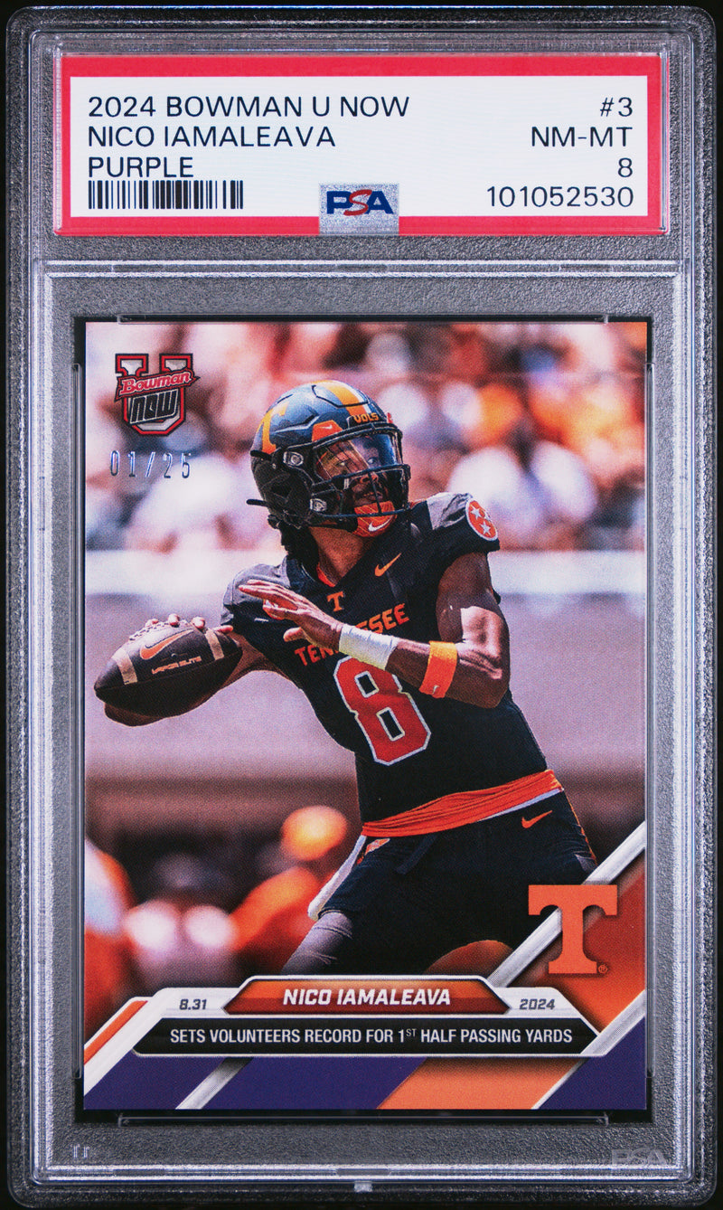 PSA 8 Nico Iamaleava 2024 Bowman University Now #3 Purple #1 of 25 Rookie Card Tennessee Volunteers