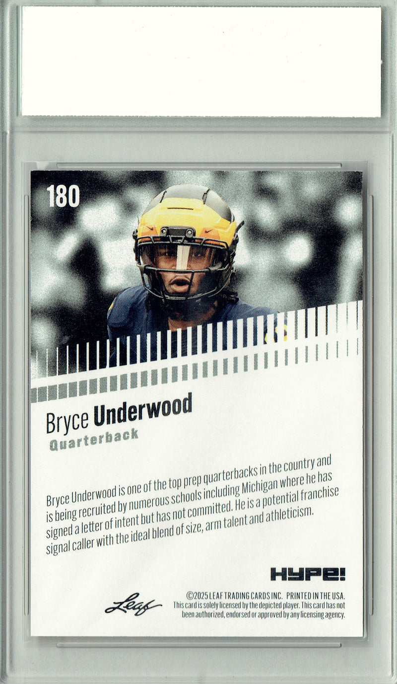 Bryce Underwood Rookie Card Michigan PGI 10 Football Trading Card 2025 Leaf HYPE! #180 Purple 10 Made