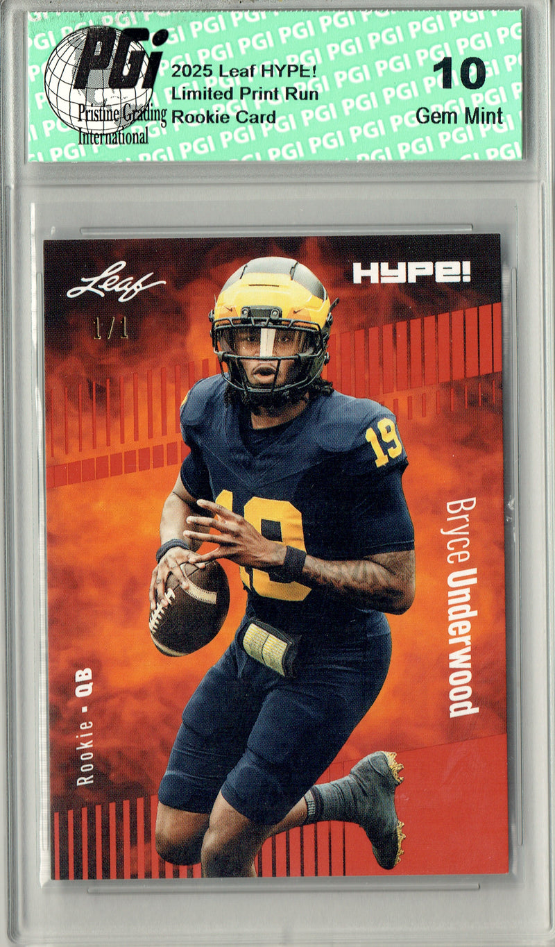Bryce Underwood Rookie Card Michigan PGI 10 Football Trading Card 2025 Leaf HYPE! #180 Orange Blank Back 1/1