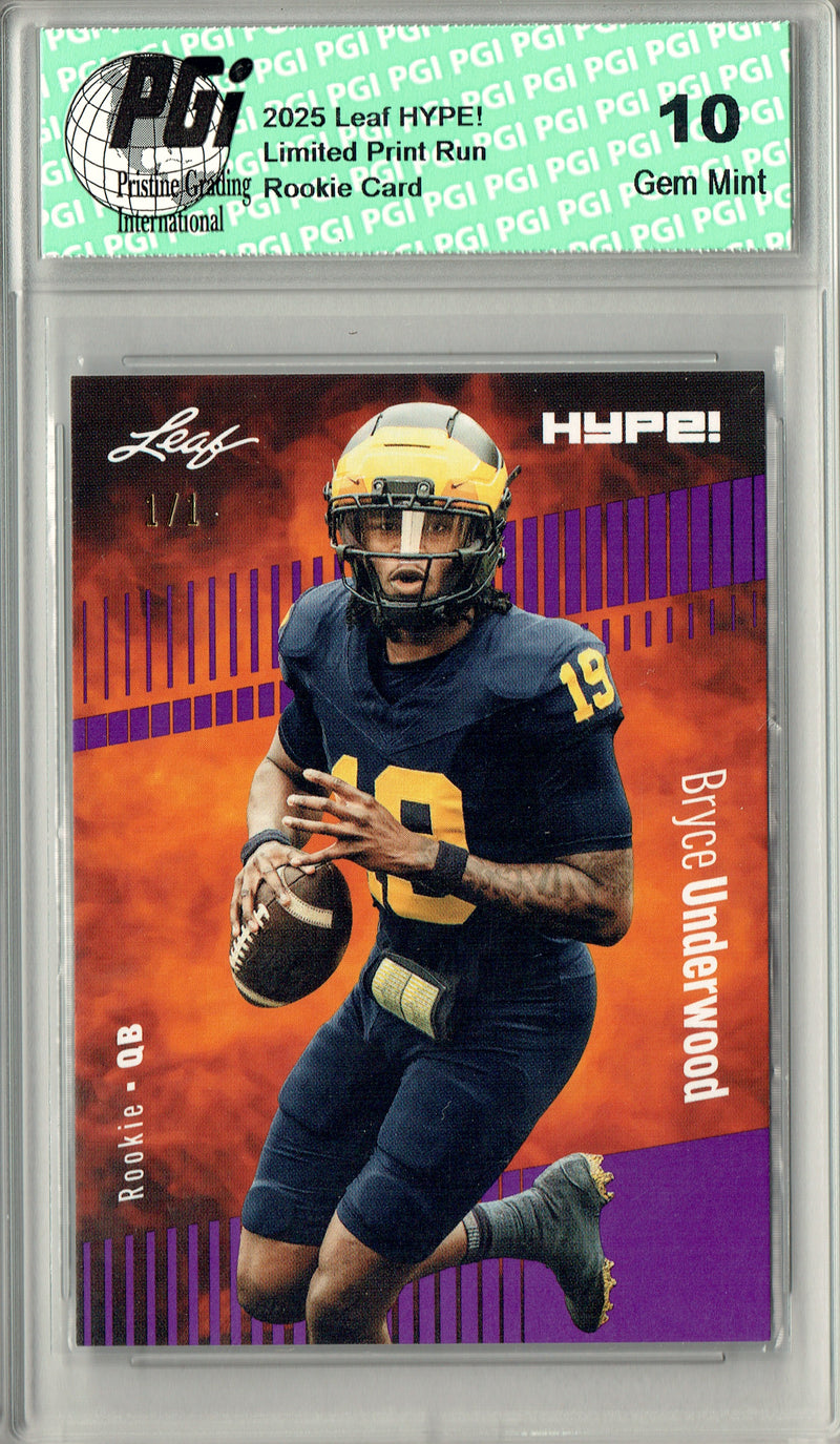 Bryce Underwood Rookie Card Michigan PGI 10 Football Trading Card 2025 Leaf HYPE! #180 Purple Blank Back 1/1