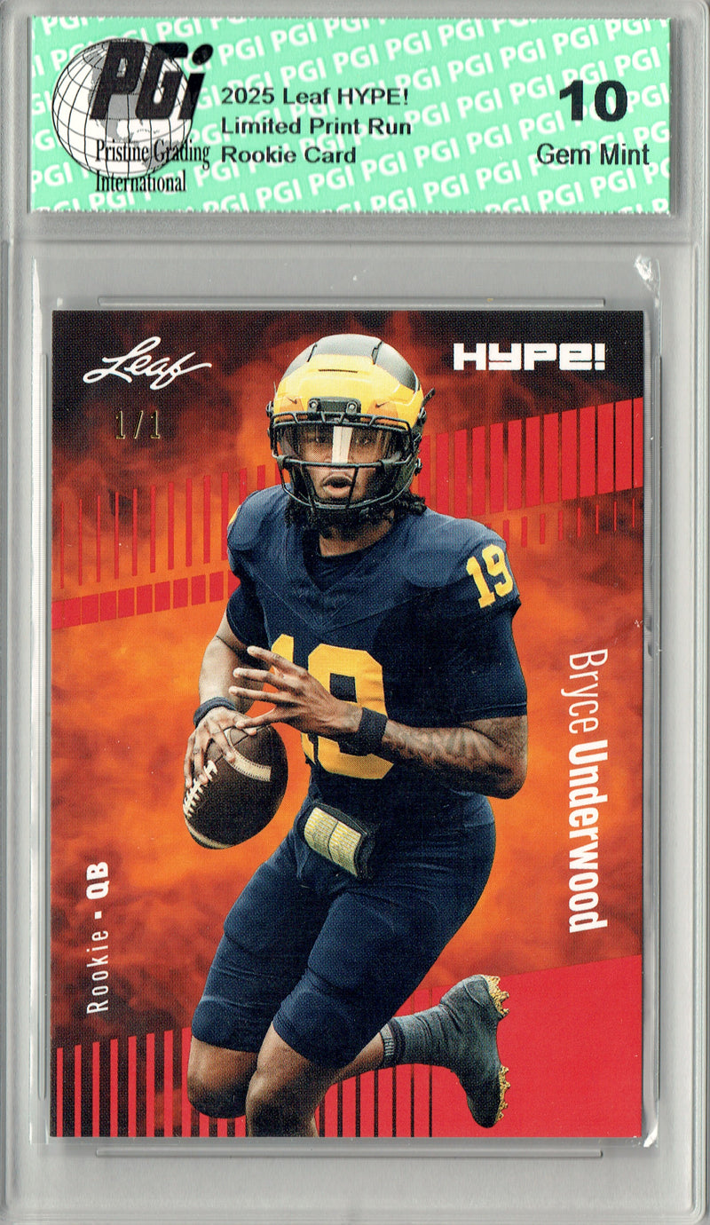 Bryce Underwood Rookie Card Michigan PGI 10 Football Trading Card 2025 Leaf HYPE! #180 Red Blank Back 1/1