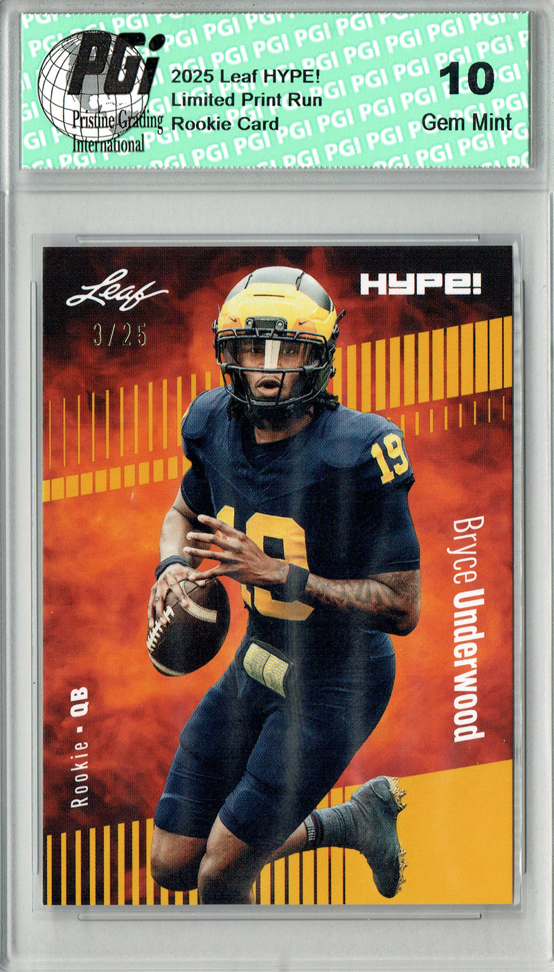 Bryce Underwood Rookie Card Michigan PGI 10 Football Trading Card 2025 Leaf HYPE! #180 Gold 25 Made