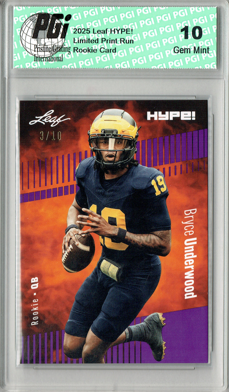 Bryce Underwood Rookie Card Michigan PGI 10 Football Trading Card 2025 Leaf HYPE! #180 Purple 10 Made