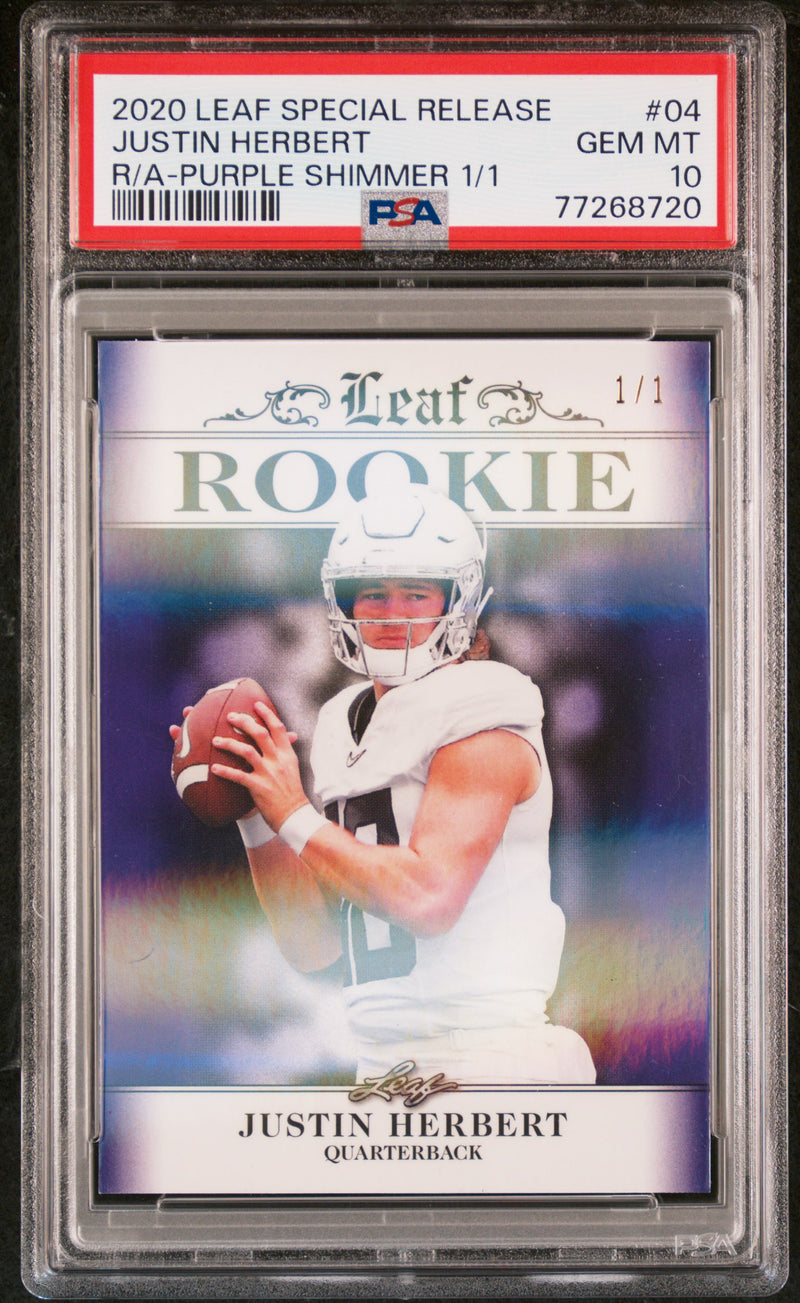 Justin Herbert 2020 Leaf Exclusive #4 Rookie Card Purple Shimmer 1/1 PSA GEM-MT 10 (Gem Mint)