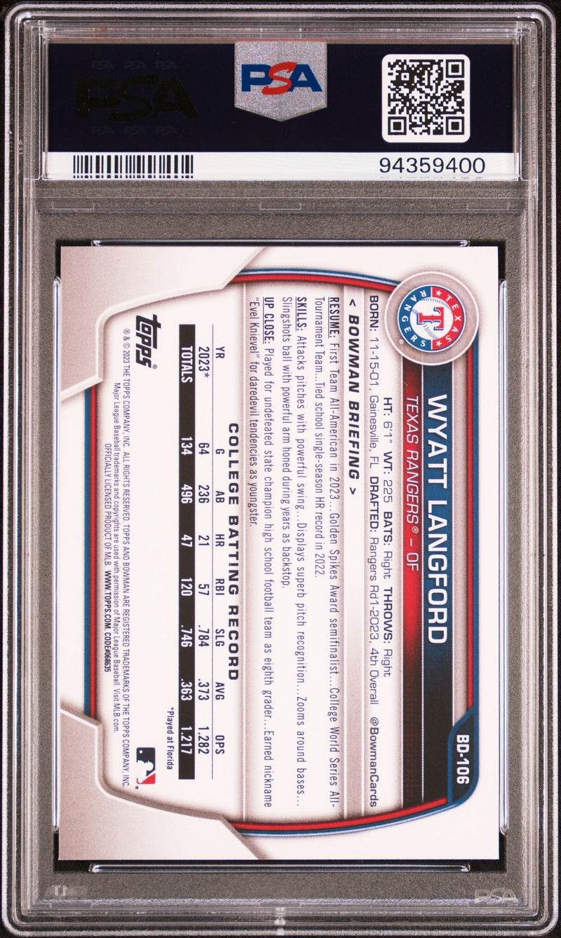 PSA 10 Wyatt Langford 2023 Bowman Draft #BD106 1st Rookie Card Texas Rangers