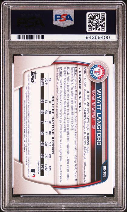 PSA 10 Wyatt Langford 2023 Bowman Draft #BD106 1st Rookie Card