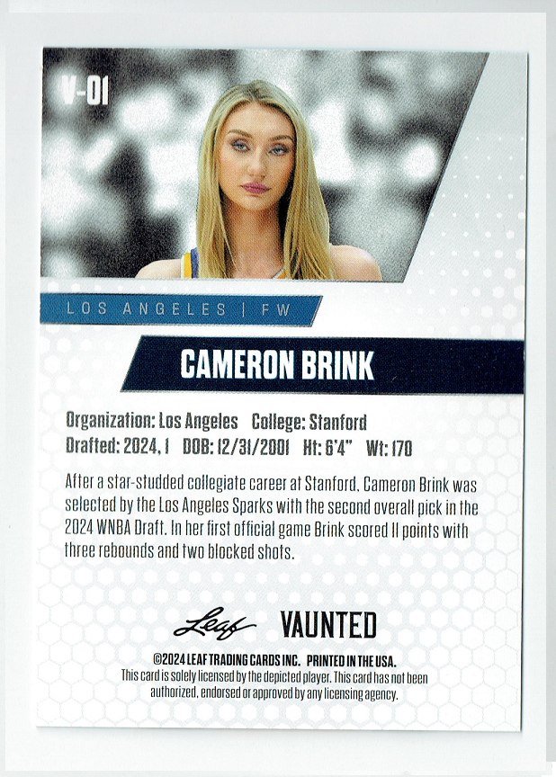 Mint Cameron Brink 2024 Leaf Vaunted #1V Debut Collection Rookie Card Los Angeles Sparks