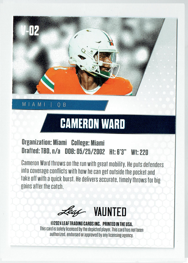 Mint Cameron Ward 2024 Leaf Vaunted #2V Debut Collection Rookie Card Miami Hurricanes