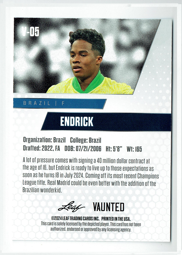 Mint Endrick 2024 Leaf Vaunted #5V Debut Collection Rookie Card Real Madrid