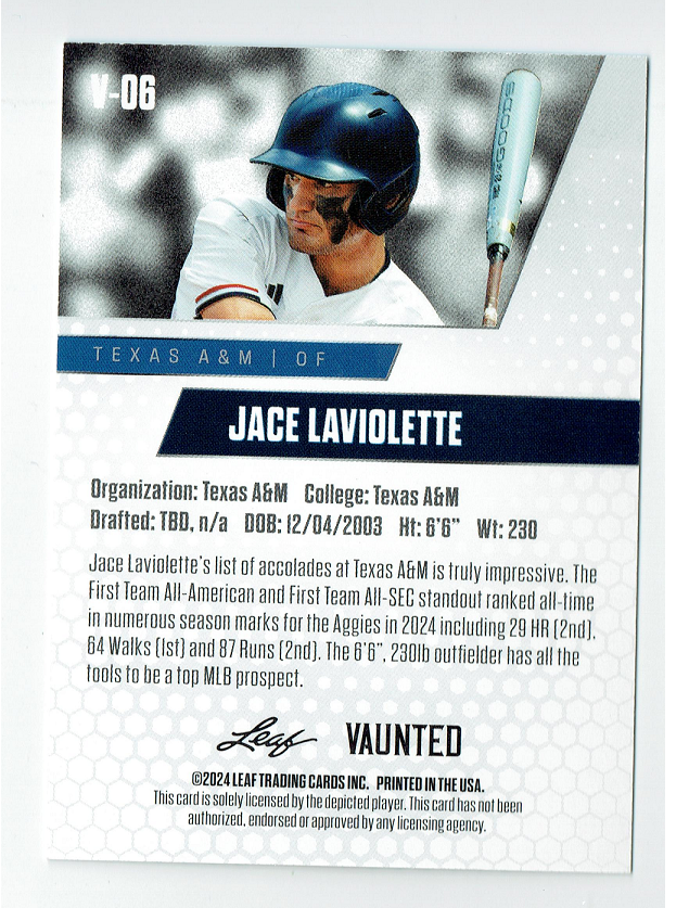 Mint Jace LaViolette 2024 Leaf Vaunted #6V Debut Collection Rookie Card Texas A&M