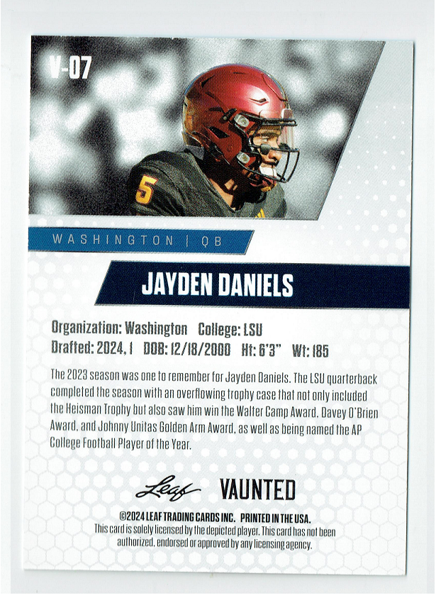 Mint Jayden Daniels 2024 Leaf Vaunted #7V Debut Collection Rookie Card Washington Commanders