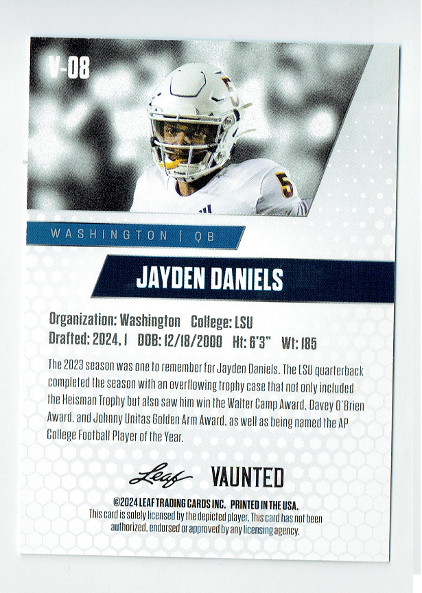 Mint Jayden Daniels 2024 Leaf Vaunted #8V Debut Collection Rookie Card Washington Commanders
