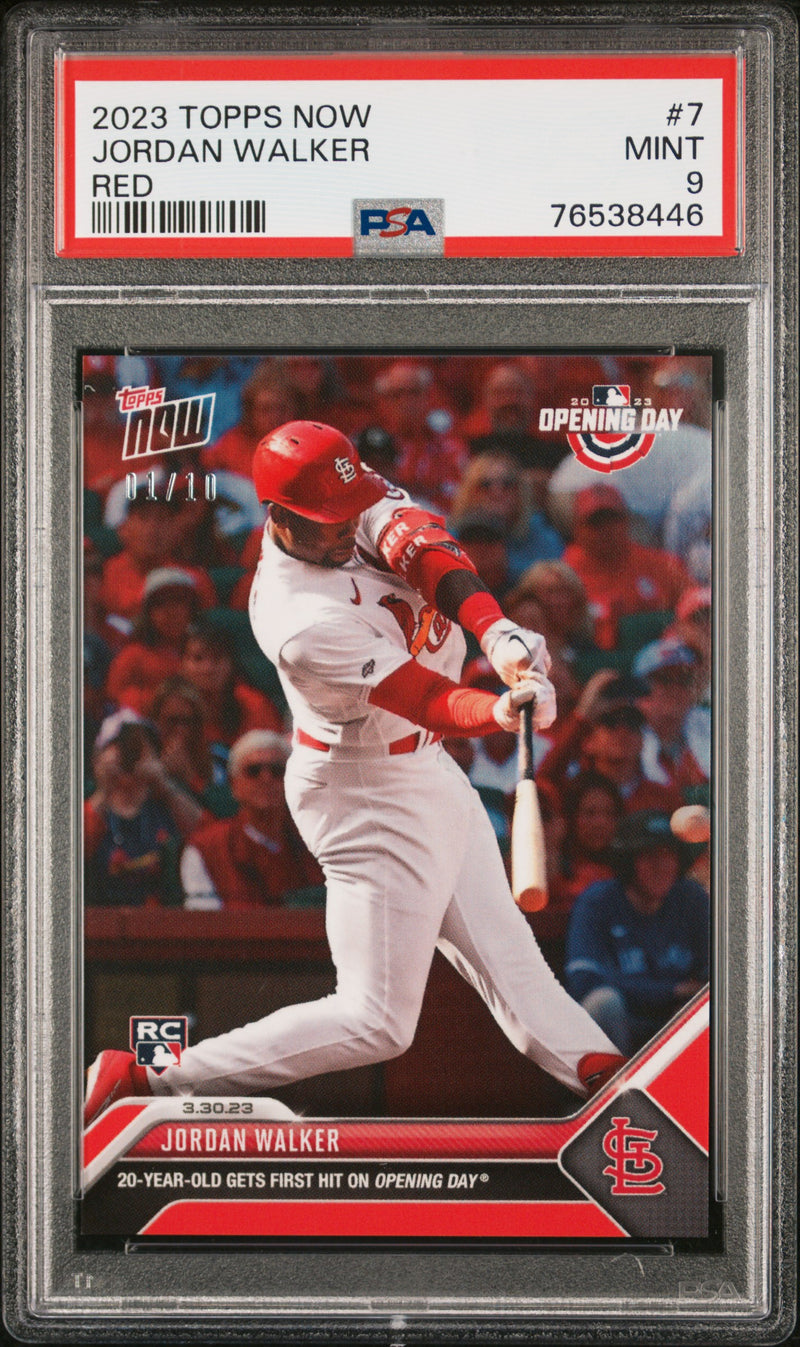 PSA 9 MINT Jordan Walker 2023 Topps Now #7 Rookie Card Red SP #1/10