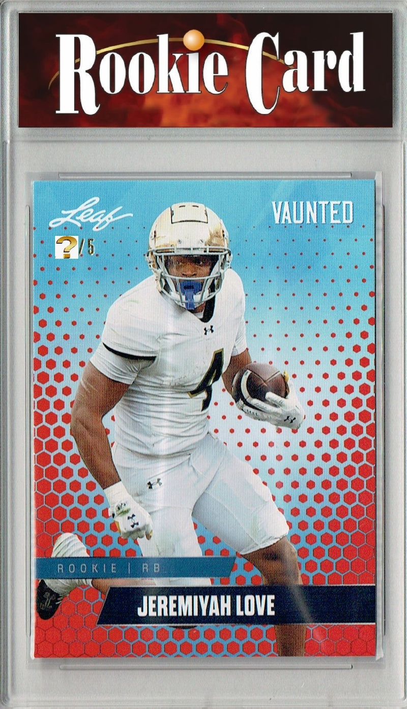 Jeremiyah Love Rookie Card Notre Dame / Arizona Football Trading Card 2025 Leaf Vaunted #V-09 Red 5 Made  Certified Mint+