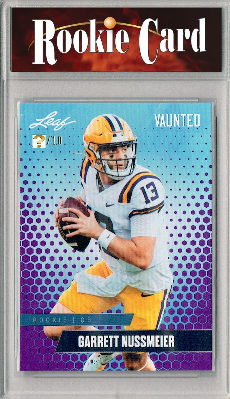Garrett Nussmeier Rookie Card LSU / Kansas City Football Trading Card 2025 Leaf Vaunted #V-08 Purple 10 Made  Certified Mint+