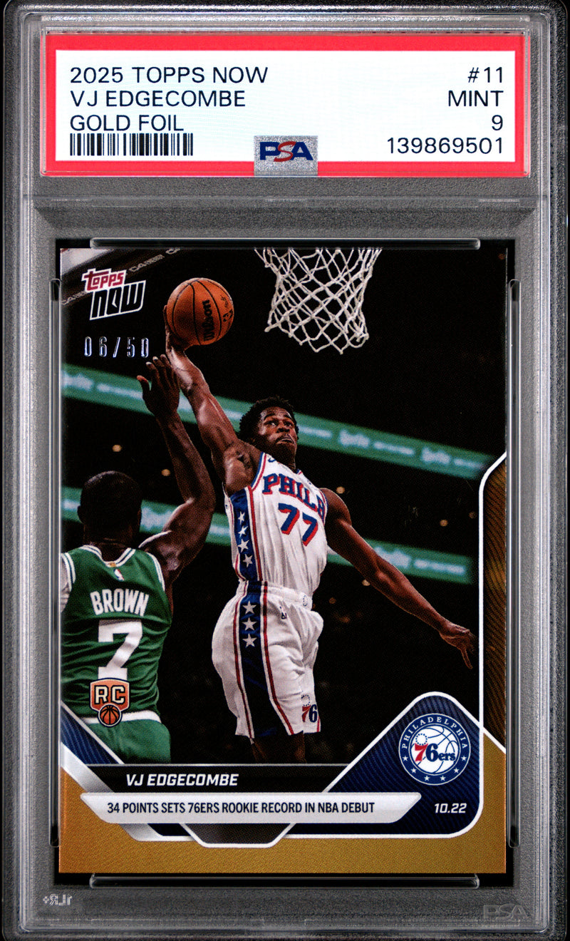 PSA 9 VJ Edgecombe 2025 Topps Now #11 Gold Foil #6/50 Rookie Card Philadelphia 76ers