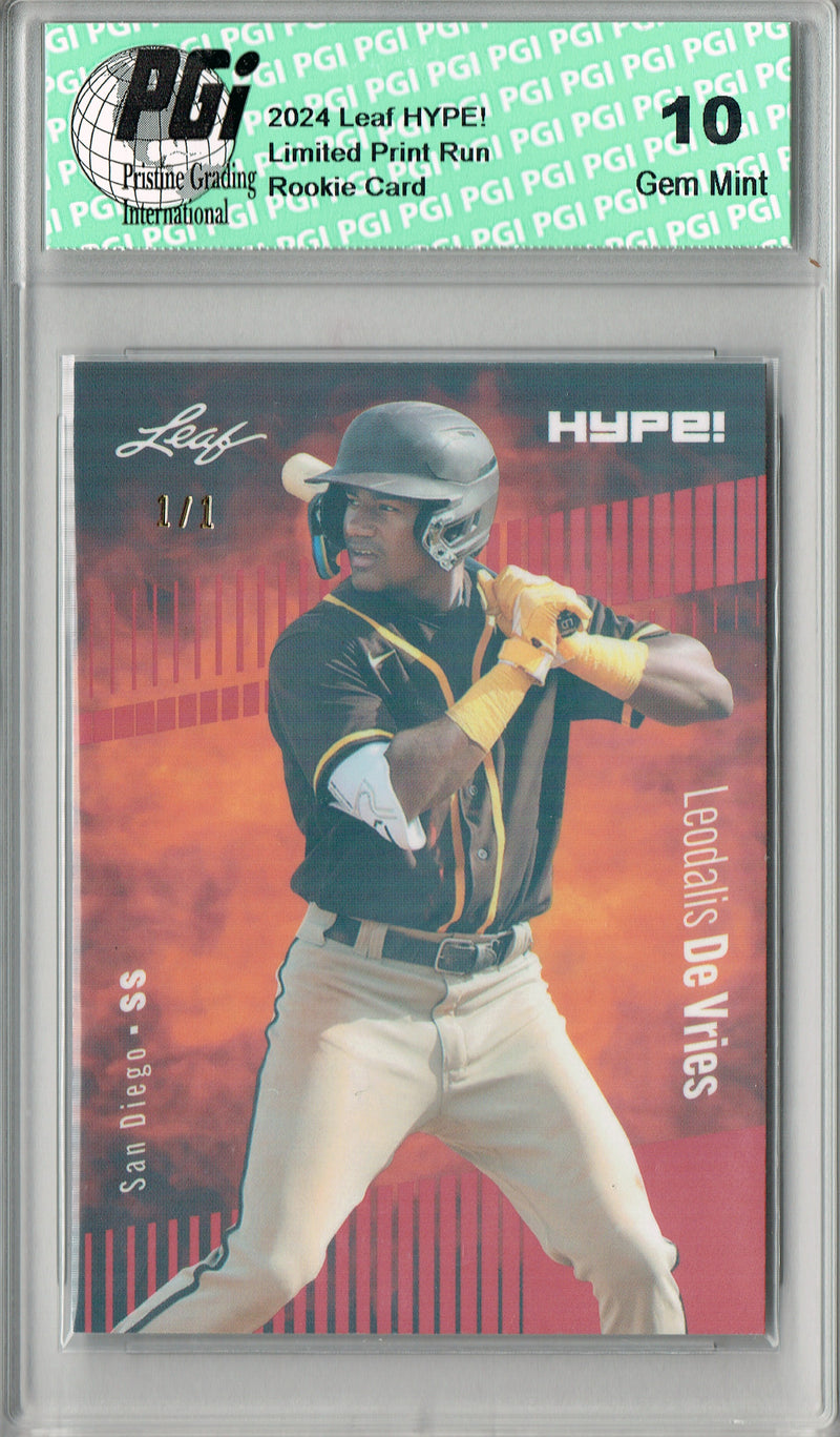 Leodalis De Vries 2024 Leaf HYPE! #165 Orange Shimmer 1/1 Rookie Card PGI 10