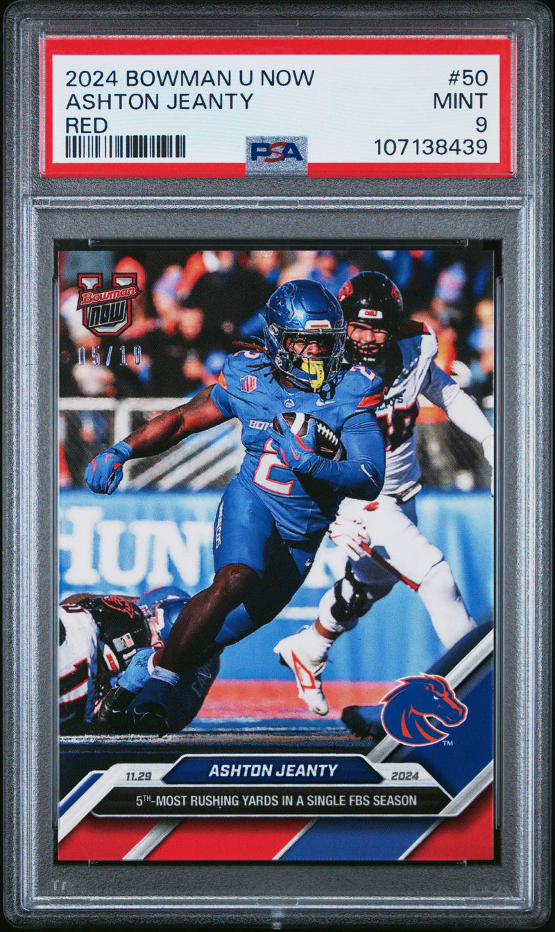 PSA 9 Ashton Jeanty 2024 Bowman University Now #50 Red #5 of 10 Rookie Card Boise State