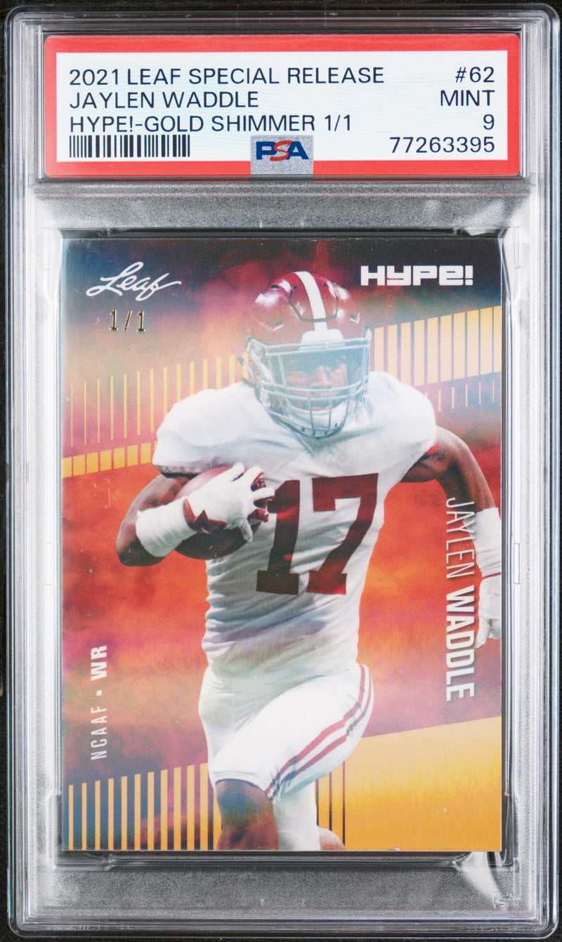 Jaylen Waddle Rookie Card Miami PSA MINT 9 (Mint) Football Trading Card 2021 Leaf Hype #62 Gold Shimmer #1/1