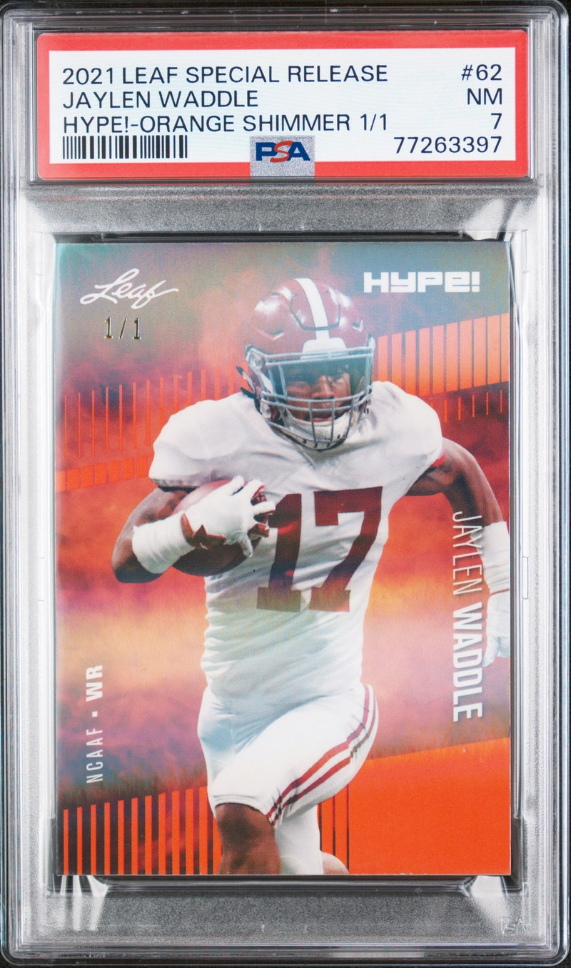 Jaylen Waddle Rookie Card Miami PSA NM 7 (Near Mint) Football Trading Card 2021 Leaf Hype #62 Orange Shimmer #1/1