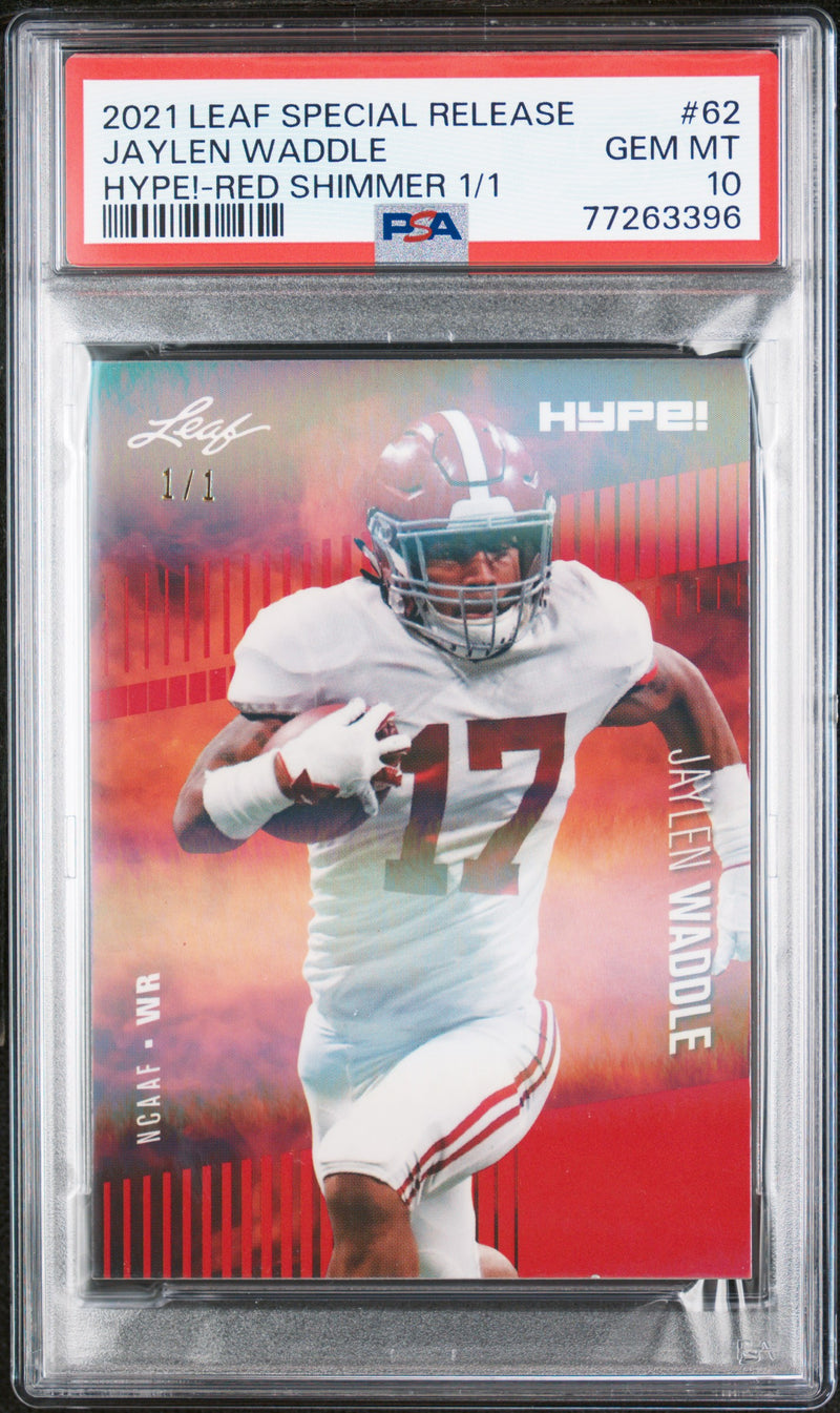 Jaylen Waddle Rookie Card Miami PSA GEM-MT 10 (Gem Mint) Football Trading Card 2021 Leaf Hype #62 Red Shimmer #1/1
