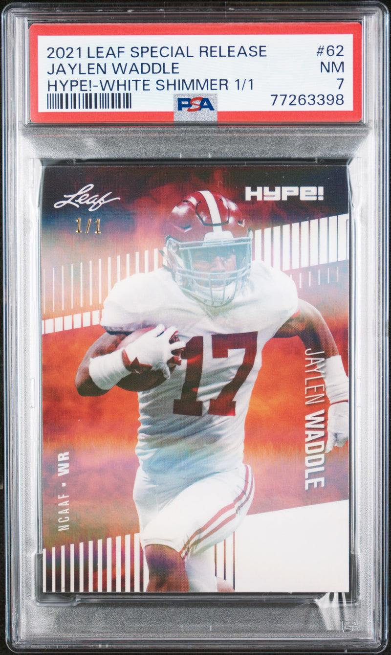 Jaylen Waddle Rookie Card Miami PSA NM 7 (Near Mint) Football Trading Card 2021 Leaf Hype #62 White Shimmer #1/1