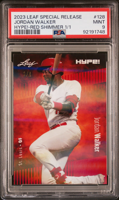 PSA 9 Jordan Walker 2023 Leaf Hype! #128 Red Shimmer 1/1 Rookie Card