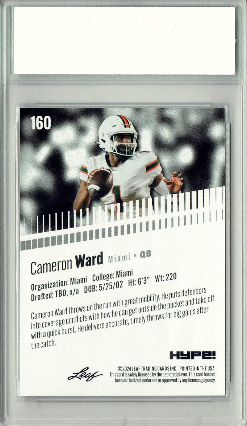 Cam Ward Rookie Card Tennessee PGI 10 Gem Mint Football Trading Card 2024 Leaf HYPE! #160 Purple SP 10 Made