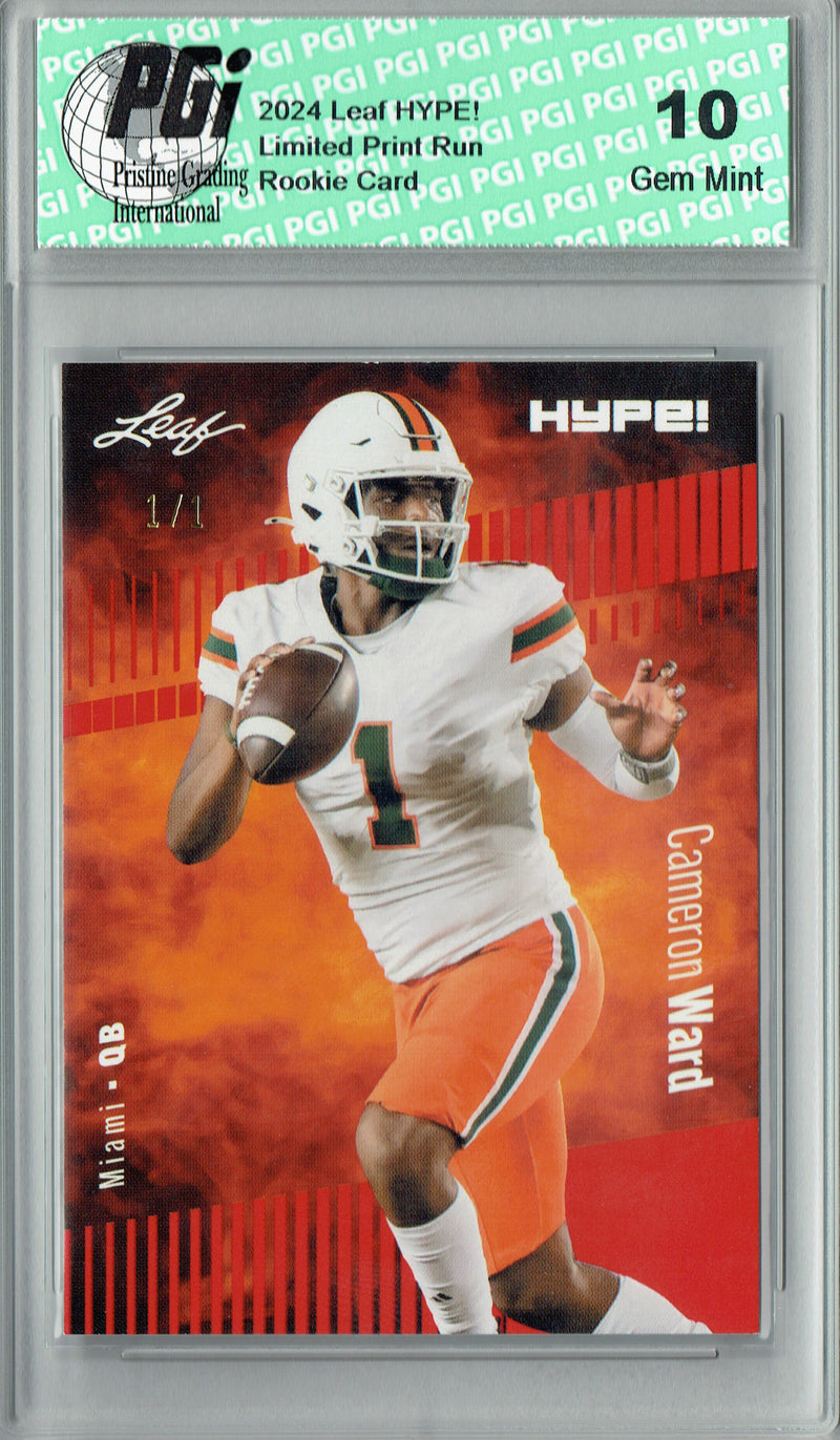 Cam Ward Rookie Card Tennessee PGI 10 Gem Mint Football Trading Card 2024 Leaf HYPE! #160 Red Blank Back 1/1
