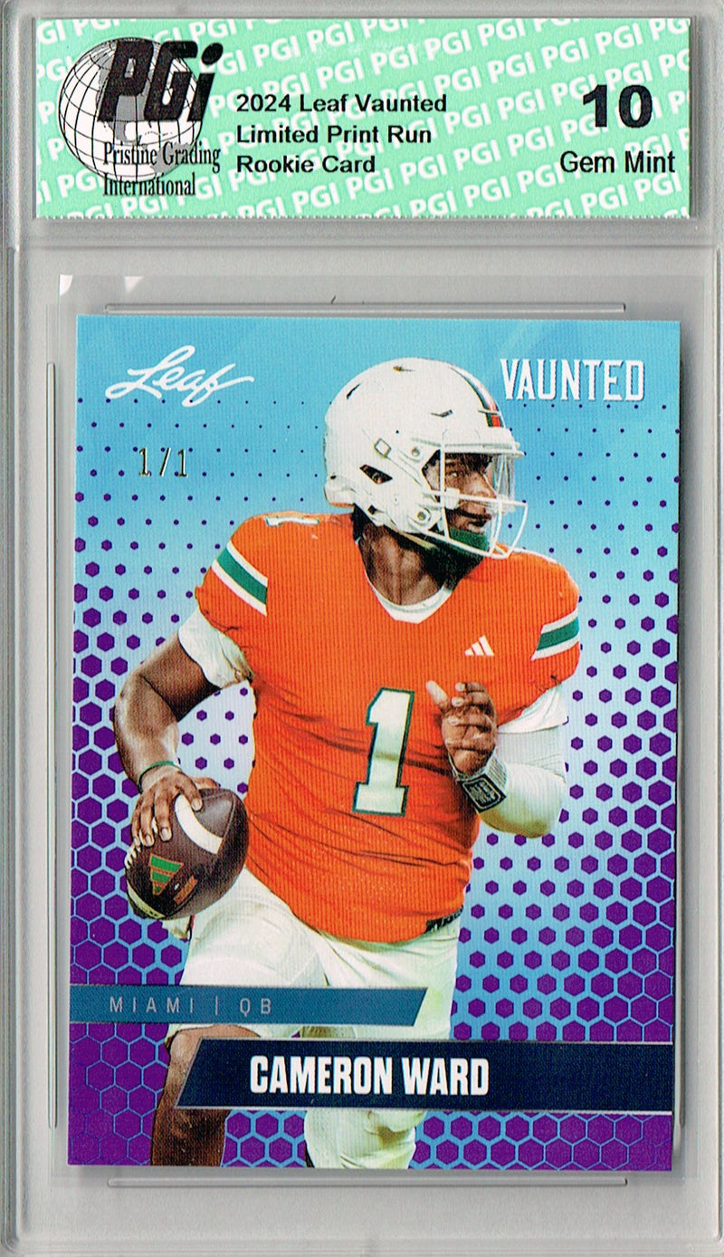 Cam Ward Rookie Card Tennessee PGI 10 Gem Mint Football Trading Card 2024 Leaf Vaunted #V-02 Purple Blank Back 1/1